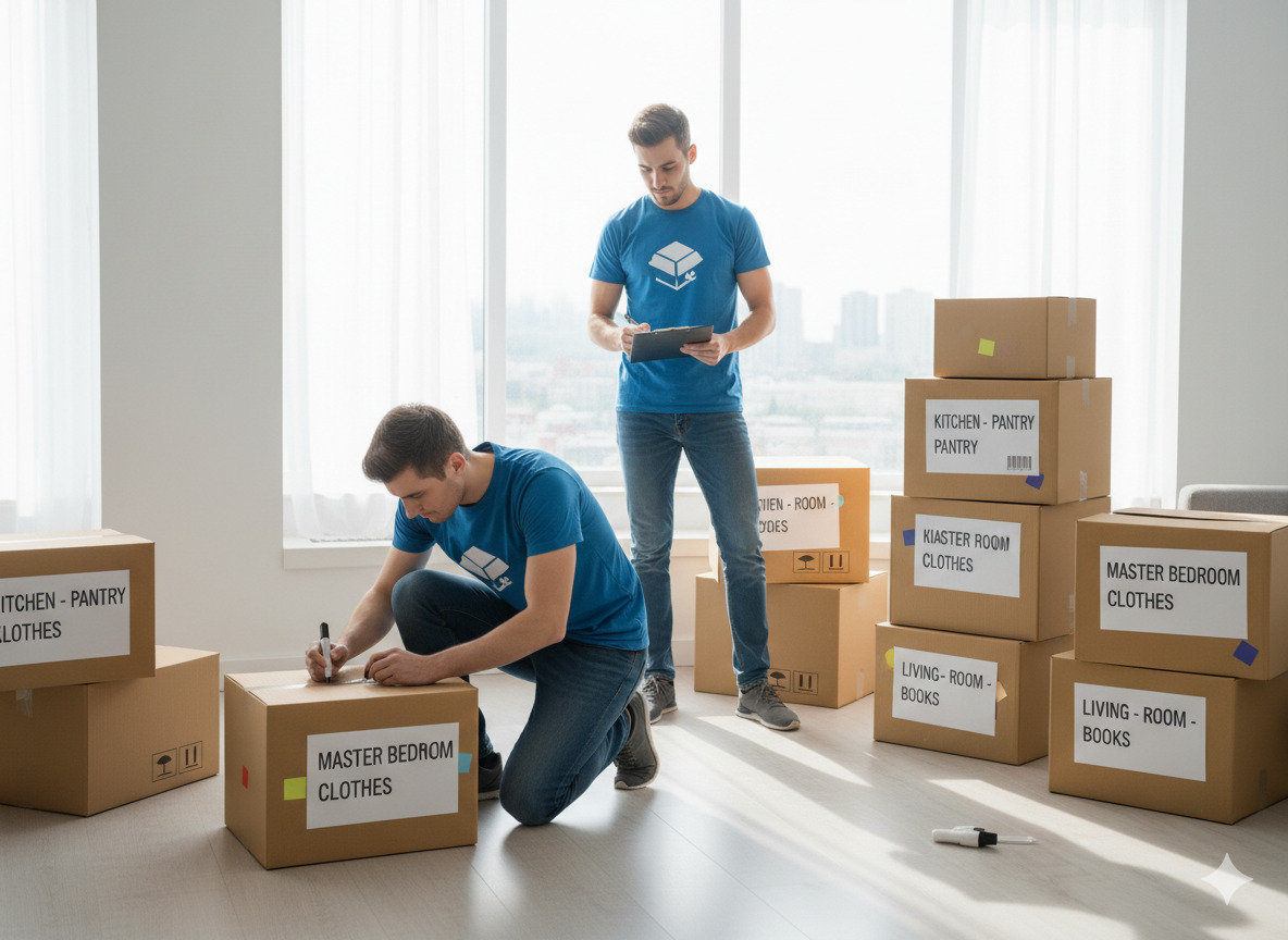 Labeled boxes for organized move